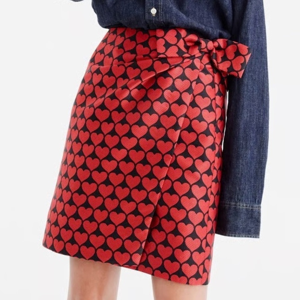 NWT j. Crew wrap bow side jacquard mini Heart Red Skirt size 0 Valentine's Day